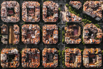 Aerial view of typical buildings of Barcelona cityscape from helicopter. top view, Eixample...