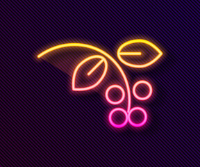Glowing neon line Coffee bean, branch with leaf and berry icon isolated on black background. Plant with leaf, berry, fruit, seed. Vector Illustration.