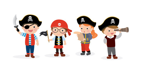 Funny kids pirates in various poses. Cartoon children characters. Cute preschoolers dressed in pirate costumes