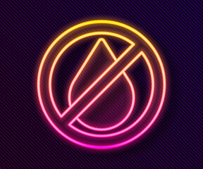 Glowing neon line Water drop forbidden icon isolated on black background. No water sign. Vector Illustration.
