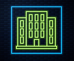 Glowing neon line House icon isolated on brick wall background. Home symbol. Vector Illustration.