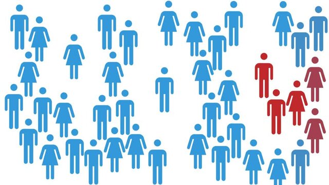 Social distancing, keep distance in public society people to protect from COVID-19 coronavirus outbreak spreading concept. Evolution of the infection in a crowd of people. Flat design, 2d animation 4k