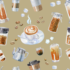 Hand drawn watercolor coffee elements pattern. Including, mug, jar, spoon, Arabica beans, sugar and a lot type of coffee cup. 