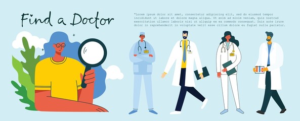 Find a doctor. Team doctors background. Vector illustration in flat style