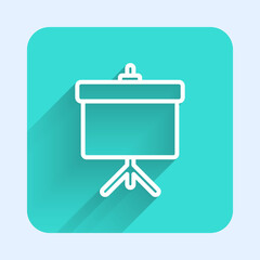 White line Presentation board with graph, schedule, chart, diagram, infographic, pie graph icon isolated with long shadow. Green square button. Vector Illustration.