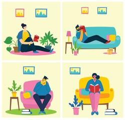 Vector concept illustrations of World Book Day, Reading the books and Book festival in the flat style. People sit, stand and walk and read a book