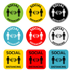 Social distancing set of sticker icons design. Sign silhouettes of man and arrow keep distance between person to stop virus spread. Very useful to warn and remind people about Corona-virus, Covid-19.