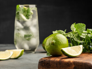 Mint, lime and Mojito cocktail on dark background. Copy space.