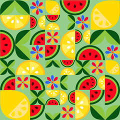 Seamless fruit pattern of lemon slices, watermelon and flowers on a light green background .Vector graphic.