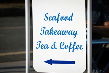 Seafood takeaway tea and coffee sign