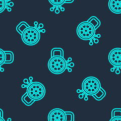 Green line Cyber security icon isolated seamless pattern on blue background. Closed padlock on digital circuit board. Safety concept. Digital data protection. Vector.