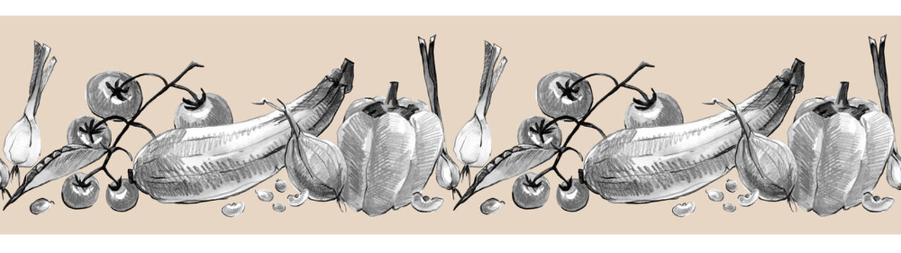 Seamless border pattern of hand-drawn vegetables. Monochrome vegetables and leaves for salad.
