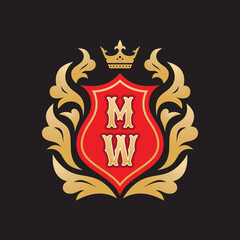 Obraz premium Monogram MW letters - concept logo template design. Crest heraldic luxury emblem. Red shield, golden leaves and crown. Initials M & W. Vector illustration. 