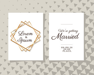two wedding invitations with gold frames on gray pattern background design, Save the date and engagement theme Vector illustration