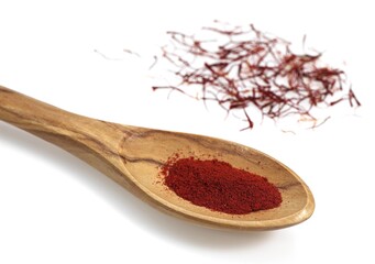 Wooden Spoon with Saffron Extracted from Saffron Crocus Flower Stigmas, crocus sativus