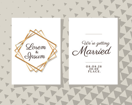 two wedding invitations with gold frames on gray pattern background design, Save the date and engagement theme Vector illustration