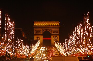 Arc de Triomphe and Christmas Illuminations on Champs Elysees, Paris in France