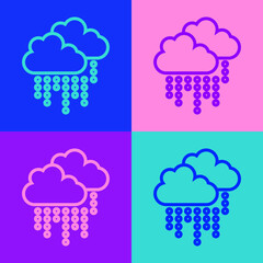 Pop art line Cloud with rain icon isolated on color background. Rain cloud precipitation with rain drops. Vector.