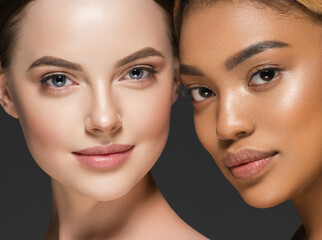 Fototapeta African caucasian beauty women two portrait. Clean skin ethnic concept obraz