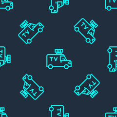 Green line TV News car with equipment on the roof icon isolated seamless pattern on blue background. Vector.