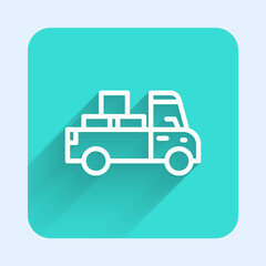 White line Delivery truck with cardboard boxes behind icon isolated with long shadow. Green square button. Vector.