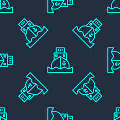 Green line Cargo ship icon isolated seamless pattern on blue background. Vector.