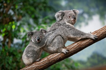 Naklejka na ściany i meble Koala, phascolarctos cinereus, Female carrying Young on its Back