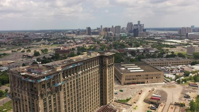 Flying over Detroit Depot and Cityscape