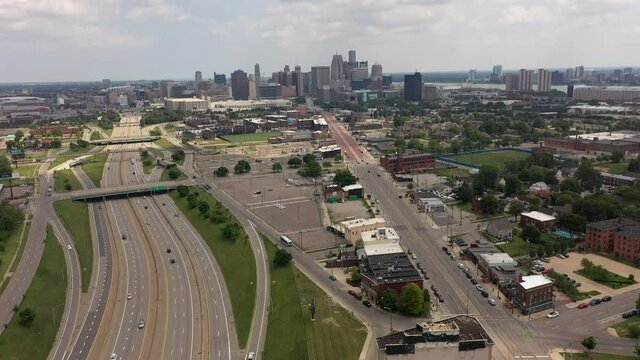 Detroit Skyline over Highway by Drone 4K