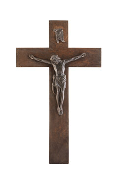 Old crucifix isolated on white background with clipping path
