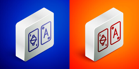 Isometric line Tarot cards icon isolated on blue and orange background. Magic occult set of tarot cards. Silver square button. Vector.