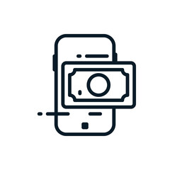 Mobile phone with money outline icons. Vector illustration. Editable stroke. Isolated icon suitable for web, infographics, interface and apps.