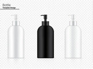 Glossy Pump Bottle Mock up Transparent, White and Black Realistic Cosmetic for Whitening Skincare and Aging anti-wrinkle merchandise on Background Illustration. Health Care and Medical.