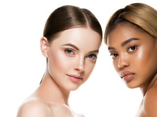 African caucasian beauty women two portrait. Clean skin ethnic concept