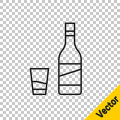 Black line Bottle of vodka with glass icon isolated on transparent background. Vector.