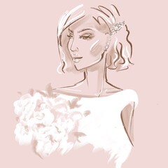 drawing sketch of a beautiful woman in a white dress and with a bouquet of white flowers on a pastel background illustration 