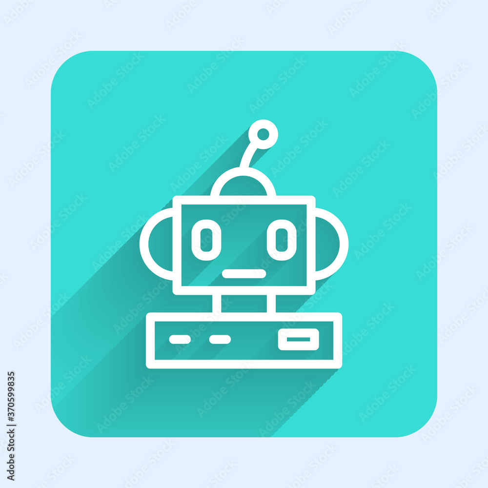 Poster white line robot toy icon isolated with long shadow. green square button. vector.