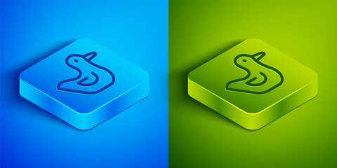 Isometric line Rubber duck icon isolated on blue and green background. Square button. Vector.