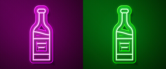 Glowing neon line Bottle of wine icon isolated on purple and green background. Vector.
