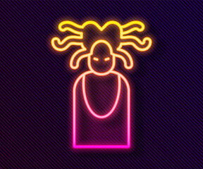 Glowing neon line Medusa Gorgon head with snakes greek icon isolated on black background. Vector.