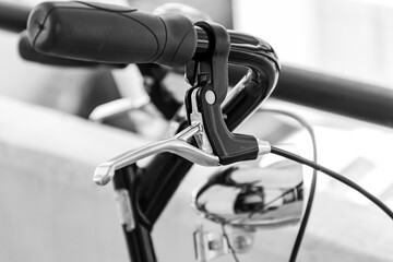  close up of bicycle in details, black and white photo