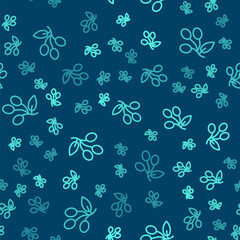 Green line Olives branch icon isolated seamless pattern on blue background. Vector.