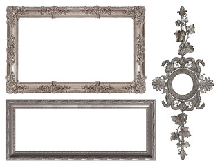 Set of silver frames for paintings, mirrors or photo isolated on white background