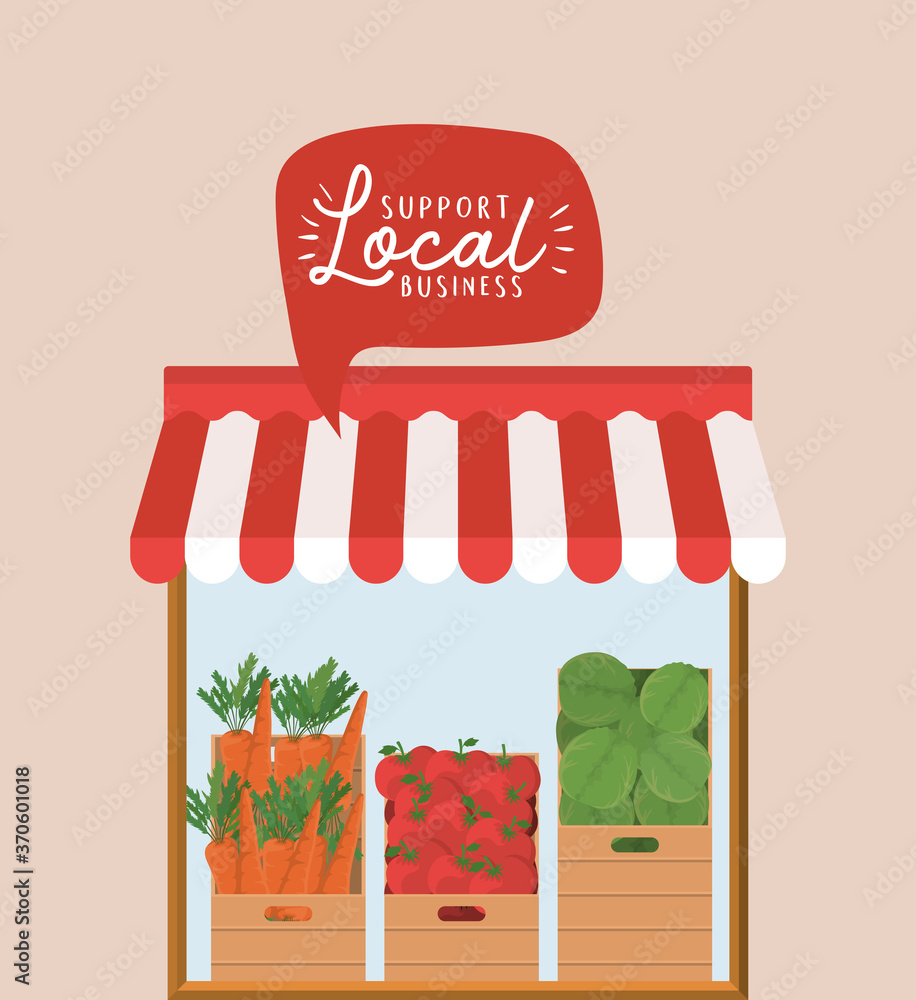 Wall mural store with vegetables inside boxes and support local business inside bubble design of retail buy and