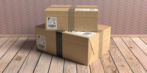 Parcels with label sticker closed and sealed on wooden floor background, 3d illustration