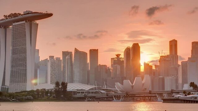Sunset over the downtown skyline of Singapore as viewed from across the water from The Garden East timelapse. Sun behind skyscrapers. Singapore. Reflection in water