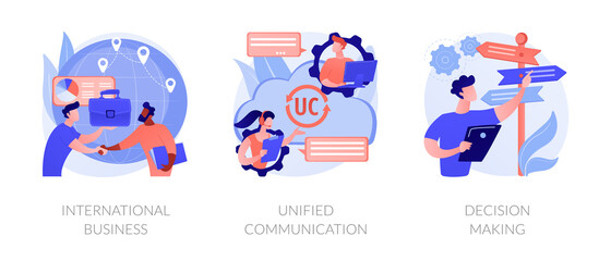 Business communication and collaboration, teamwork, partnership. International business, unified communication, decision making metaphors. Vector isolated concept metaphor illustrations.