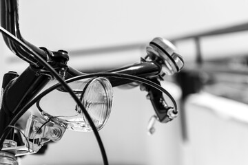  close up of bicycle in details, black and white photo