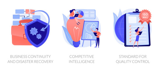Company success guarantees. Business continuity and disaster recovery, competitive intelligence, standard for quality control metaphors. Vector isolated concept metaphor illustrations. - obrazy, fototapety, plakaty