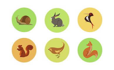 Set of Six Forest Animals Circle Icons